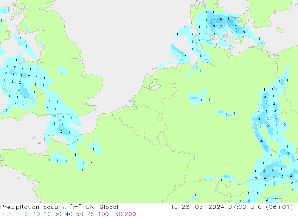 Precipitation accum. UK-Global Út 28.05.2024 07 UTC