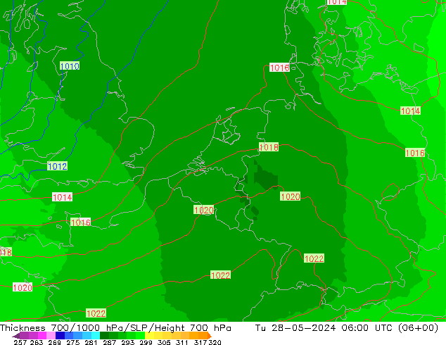 Espesor 700-1000 hPa UK-Global mar 28.05.2024 06 UTC