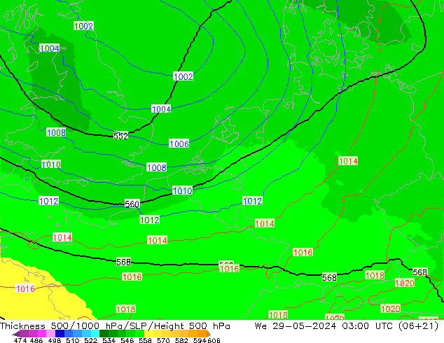 Thck 500-1000hPa UK-Global We 29.05.2024 03 UTC