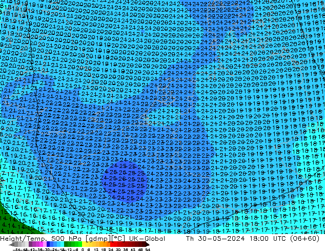 Height/Temp. 500 hPa UK-Global Th 30.05.2024 18 UTC