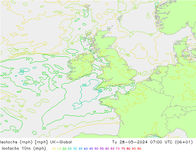 Isotachs (mph) UK-Global вт 28.05.2024 07 UTC