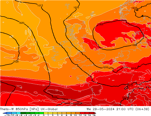 Theta-W 850hPa UK-Global mer 29.05.2024 21 UTC