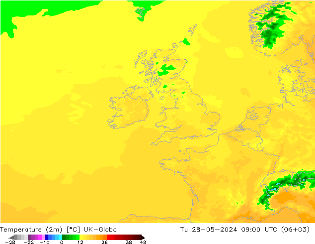 Sıcaklık Haritası (2m) UK-Global Sa 28.05.2024 09 UTC