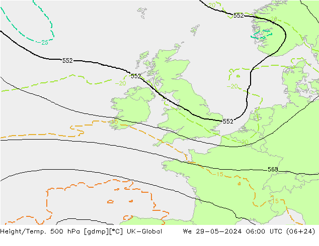 Height/Temp. 500 hPa UK-Global Mi 29.05.2024 06 UTC