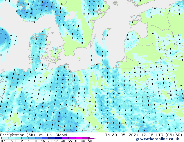 Precipitation (6h) UK-Global Th 30.05.2024 18 UTC