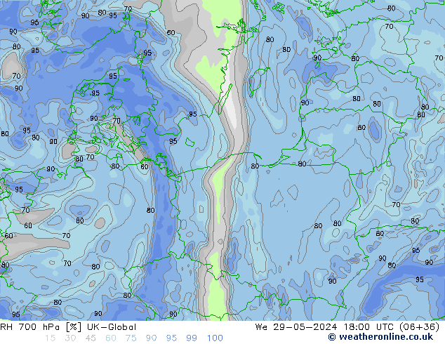 RH 700 hPa UK-Global We 29.05.2024 18 UTC