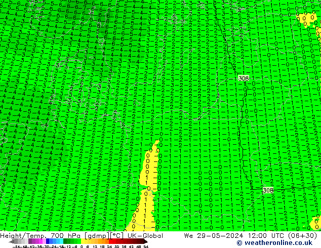 Géop./Temp. 700 hPa UK-Global mer 29.05.2024 12 UTC