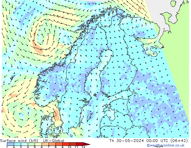 Surface wind (bft) UK-Global Th 30.05.2024 00 UTC