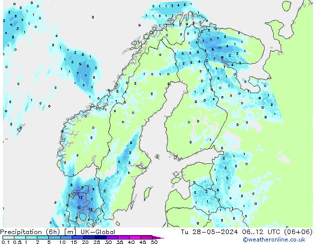 Precipitazione (6h) UK-Global mar 28.05.2024 12 UTC