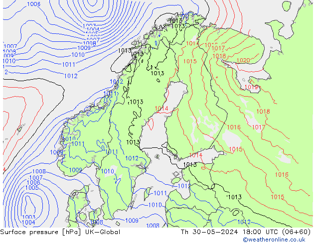 Pressione al suolo UK-Global gio 30.05.2024 18 UTC