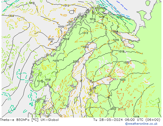 Theta-e 850hPa UK-Global Tu 28.05.2024 06 UTC