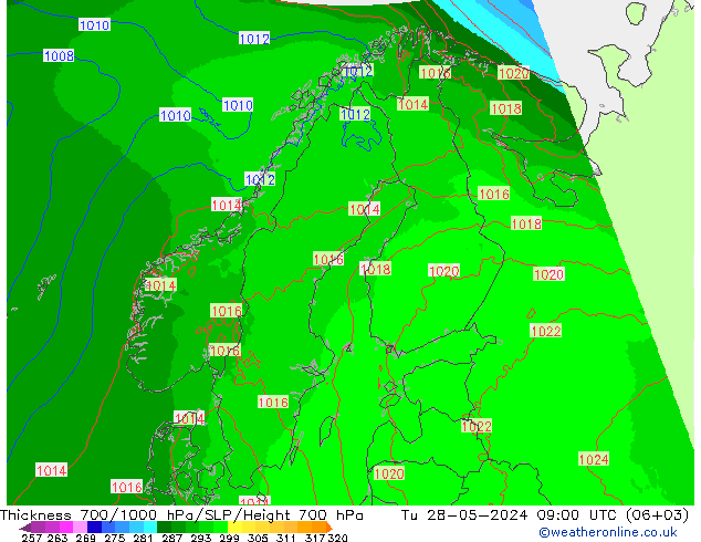 Dikte700-1000 hPa UK-Global di 28.05.2024 09 UTC