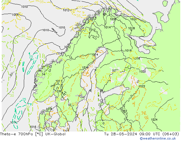 Theta-e 700hPa UK-Global Ter 28.05.2024 09 UTC