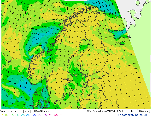 Vento 10 m UK-Global Qua 29.05.2024 09 UTC