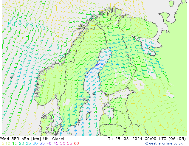 Wind 850 hPa UK-Global Di 28.05.2024 09 UTC