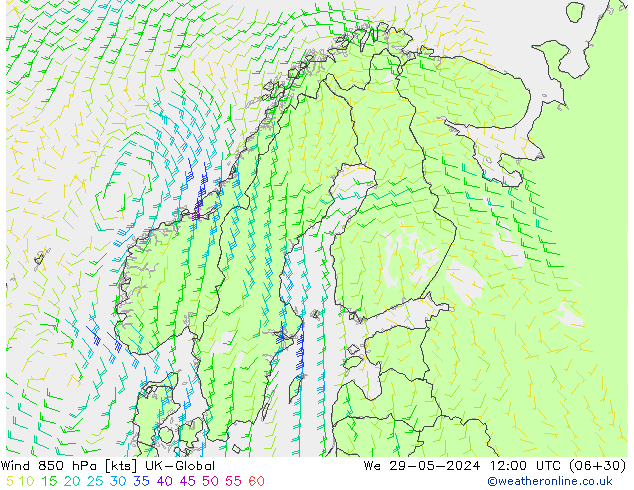 Wind 850 hPa UK-Global St 29.05.2024 12 UTC