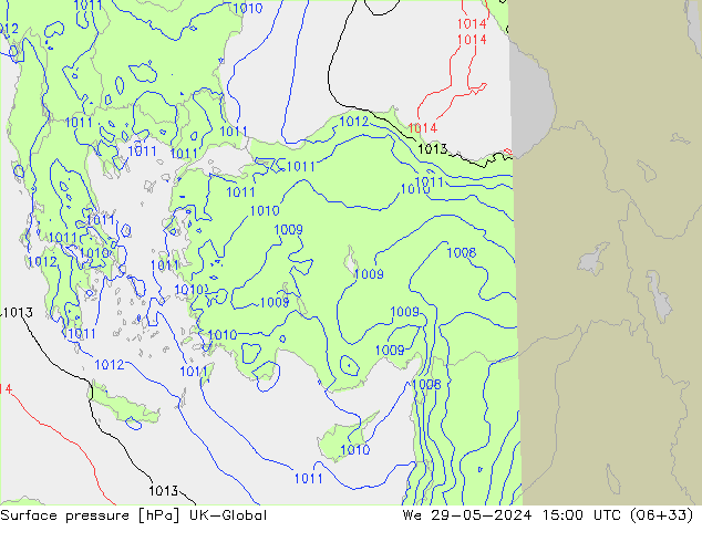 Pressione al suolo UK-Global mer 29.05.2024 15 UTC