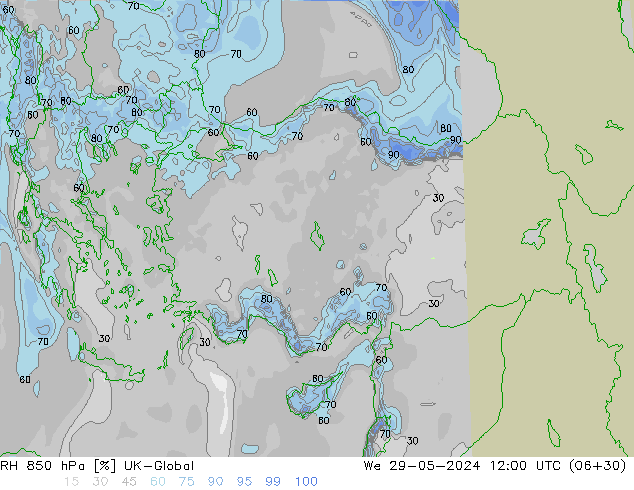 RH 850 hPa UK-Global We 29.05.2024 12 UTC