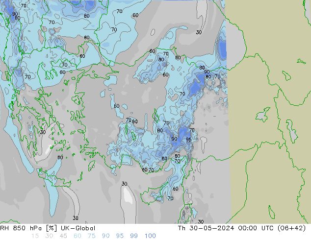 RH 850 hPa UK-Global Čt 30.05.2024 00 UTC