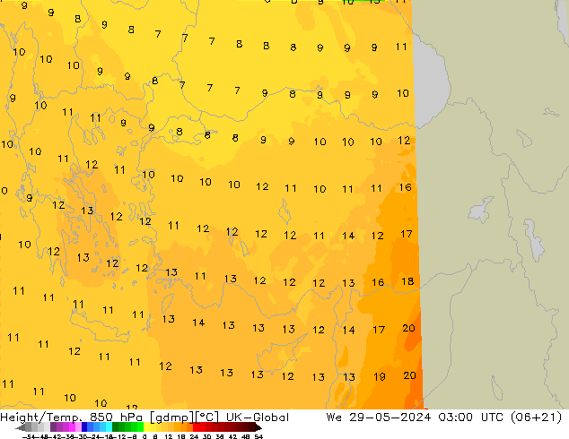 Yükseklik/Sıc. 850 hPa UK-Global Çar 29.05.2024 03 UTC