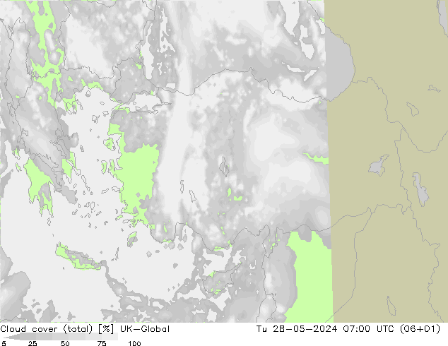 Cloud cover (total) UK-Global Út 28.05.2024 07 UTC