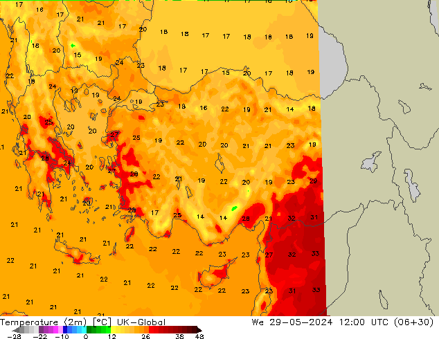 Temperatuurkaart (2m) UK-Global wo 29.05.2024 12 UTC