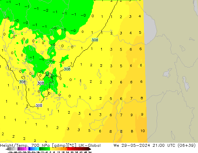 Height/Temp. 700 hPa UK-Global We 29.05.2024 21 UTC