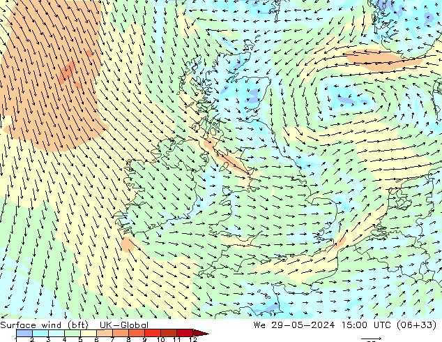 Surface wind (bft) UK-Global St 29.05.2024 15 UTC