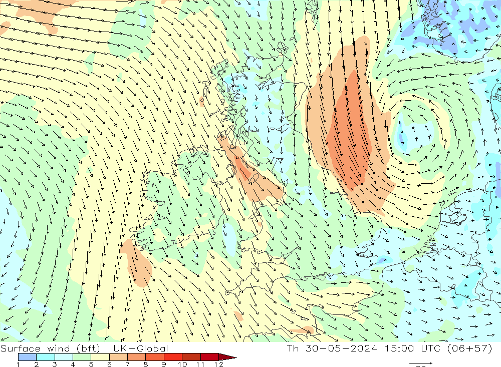 Surface wind (bft) UK-Global Th 30.05.2024 15 UTC