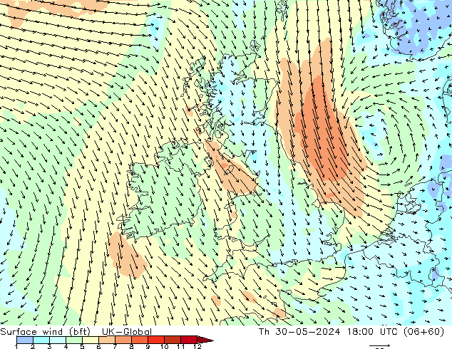 Surface wind (bft) UK-Global Čt 30.05.2024 18 UTC