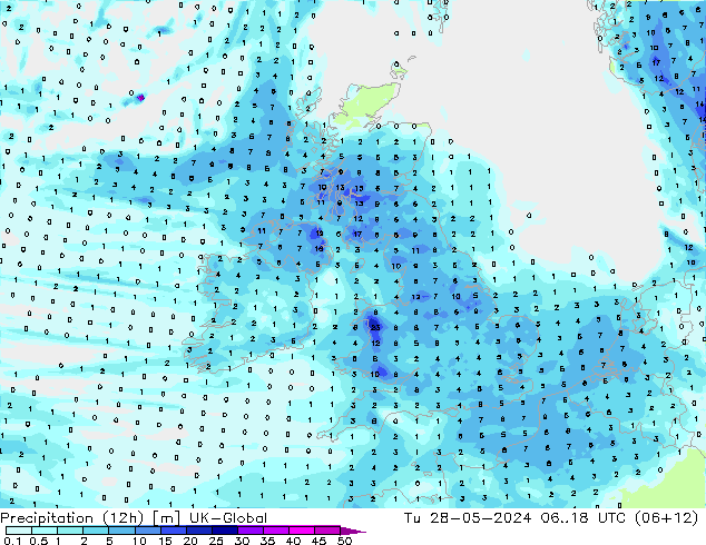 Precipitazione (12h) UK-Global mar 28.05.2024 18 UTC