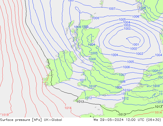 Pressione al suolo UK-Global mer 29.05.2024 12 UTC