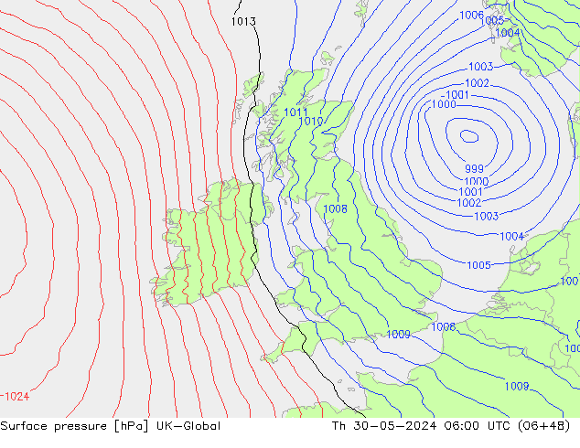 Pressione al suolo UK-Global gio 30.05.2024 06 UTC