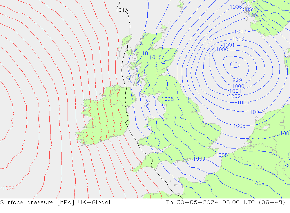 Atmosférický tlak UK-Global Čt 30.05.2024 06 UTC