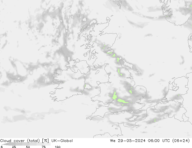 Cloud cover (total) UK-Global St 29.05.2024 06 UTC