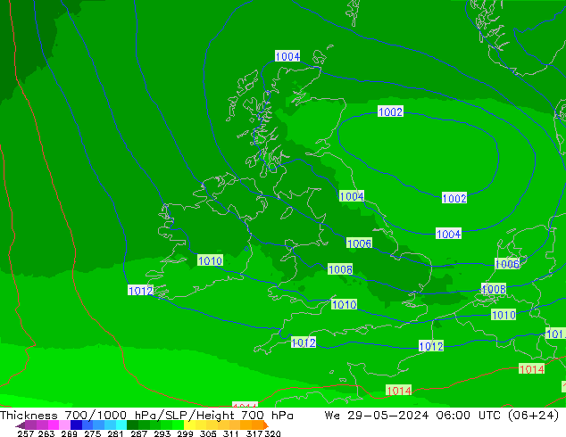 Thck 700-1000 hPa UK-Global We 29.05.2024 06 UTC