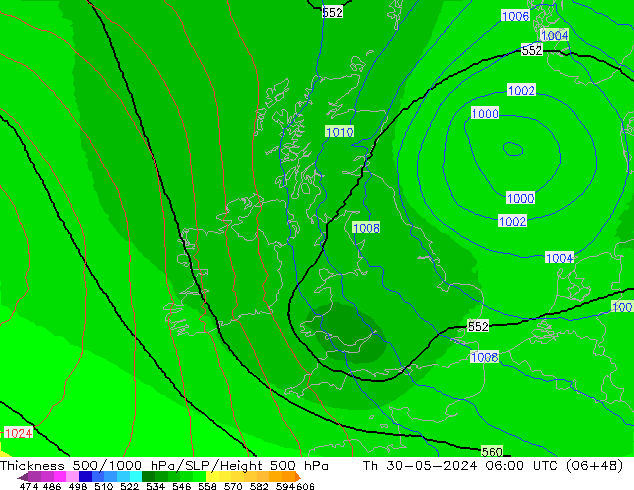 Thck 500-1000hPa UK-Global Čt 30.05.2024 06 UTC