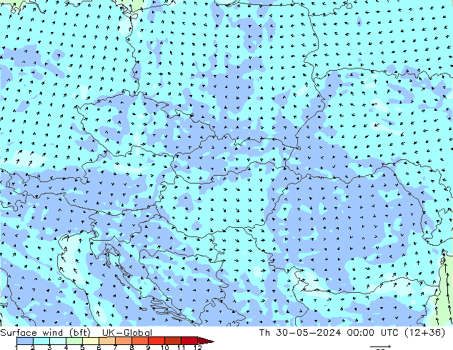 Surface wind (bft) UK-Global Th 30.05.2024 00 UTC