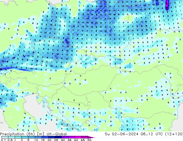 Precipitation (6h) UK-Global Su 02.06.2024 12 UTC