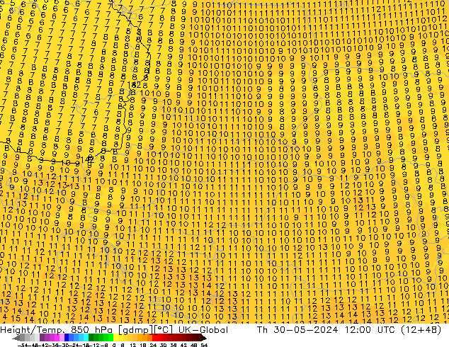 Height/Temp. 850 hPa UK-Global gio 30.05.2024 12 UTC