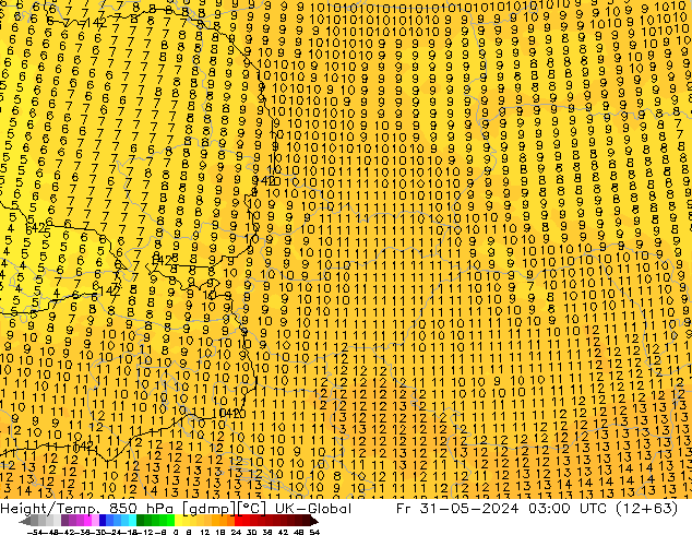 Height/Temp. 850 hPa UK-Global Pá 31.05.2024 03 UTC