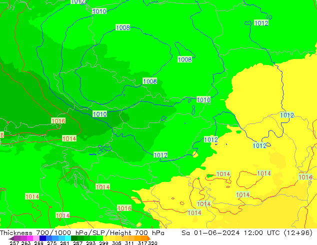 Schichtdicke 700-1000 hPa UK-Global Sa 01.06.2024 12 UTC