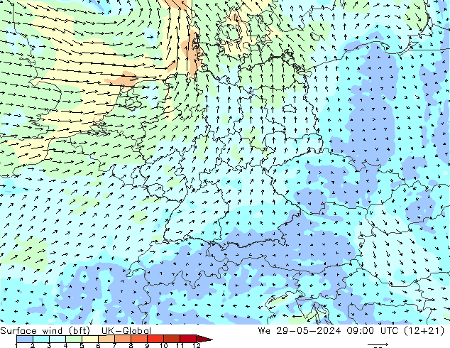 Surface wind (bft) UK-Global We 29.05.2024 09 UTC