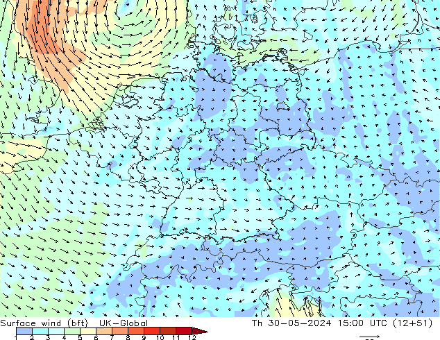 Surface wind (bft) UK-Global Th 30.05.2024 15 UTC