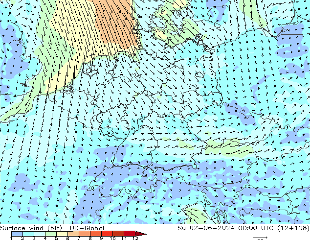 Surface wind (bft) UK-Global Su 02.06.2024 00 UTC