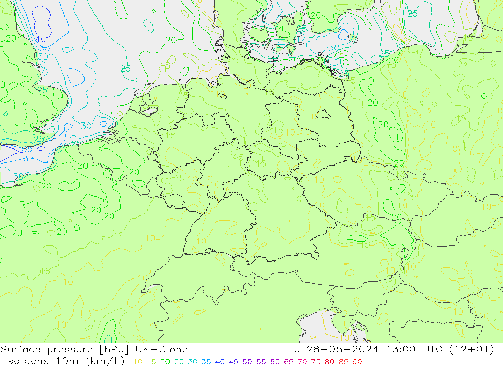 10米等风速线 (kph) UK-Global 星期二 28.05.2024 13 UTC