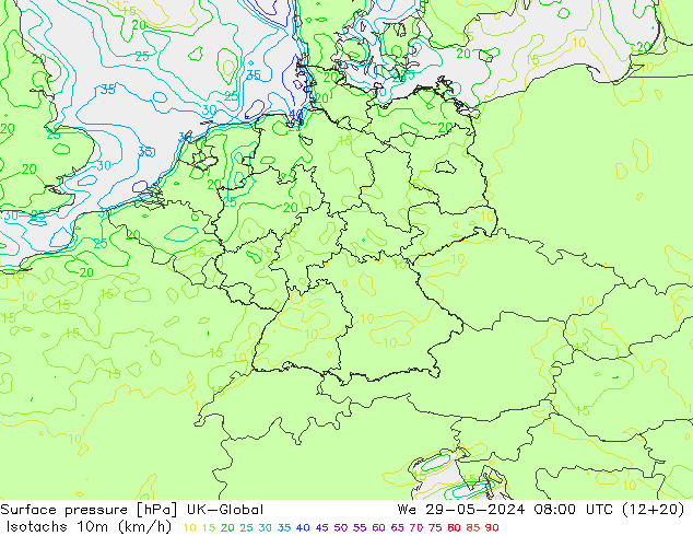 Isotachen (km/h) UK-Global wo 29.05.2024 08 UTC