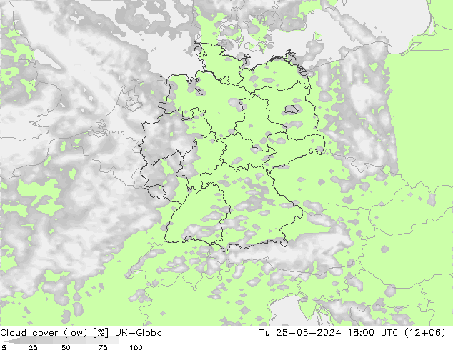 Cloud cover (low) UK-Global Tu 28.05.2024 18 UTC