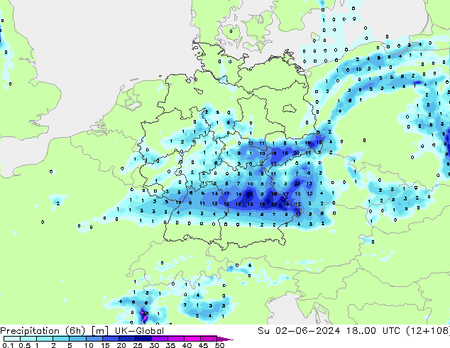 Precipitation (6h) UK-Global Su 02.06.2024 00 UTC