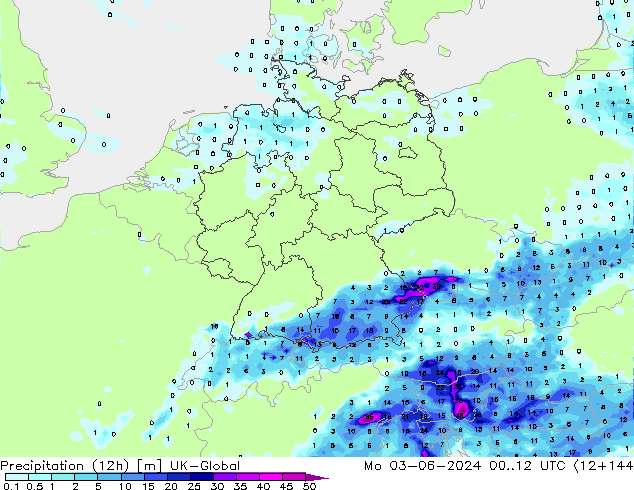 Precipitazione (12h) UK-Global lun 03.06.2024 12 UTC